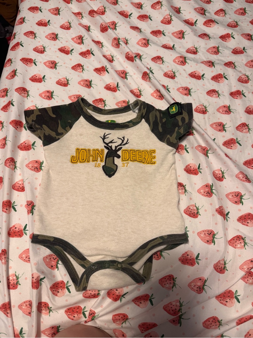 John Deere Cream One-Piece with Camo Sleeves and Yellow Logo